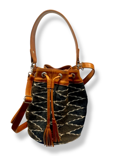 [MAB37] MAB37 - BOLSO CARTERA SHIGRA Y CUERO, RECOGIDO, 1 ASA MANO Y CORREA AJUSTABLE